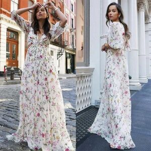 ML Monique Lhuillier Floral Pleated Chiffon Gown Maxi Dress in Size 8